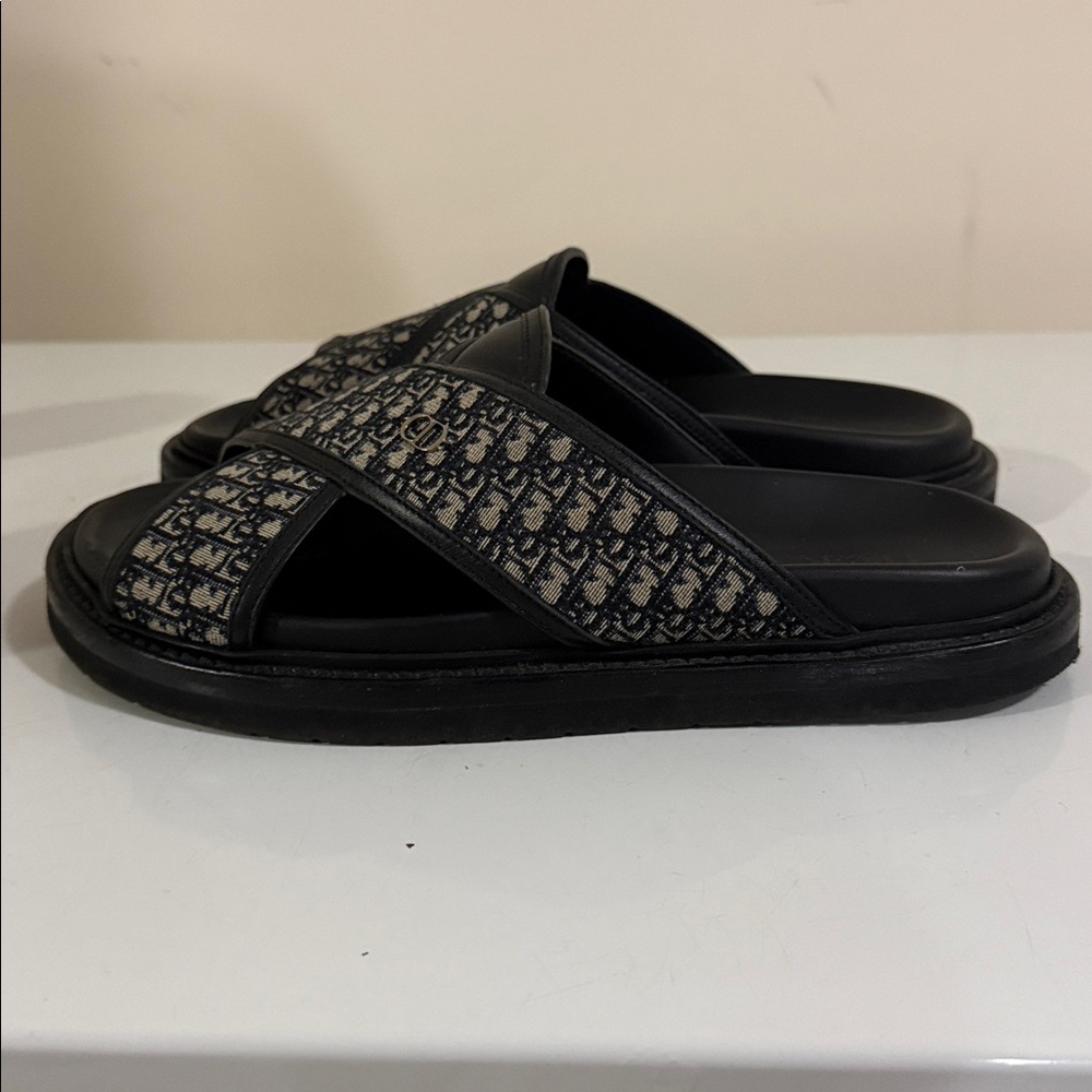 Dior Two-Tone Black & Natural Jacquard Slide Sandals